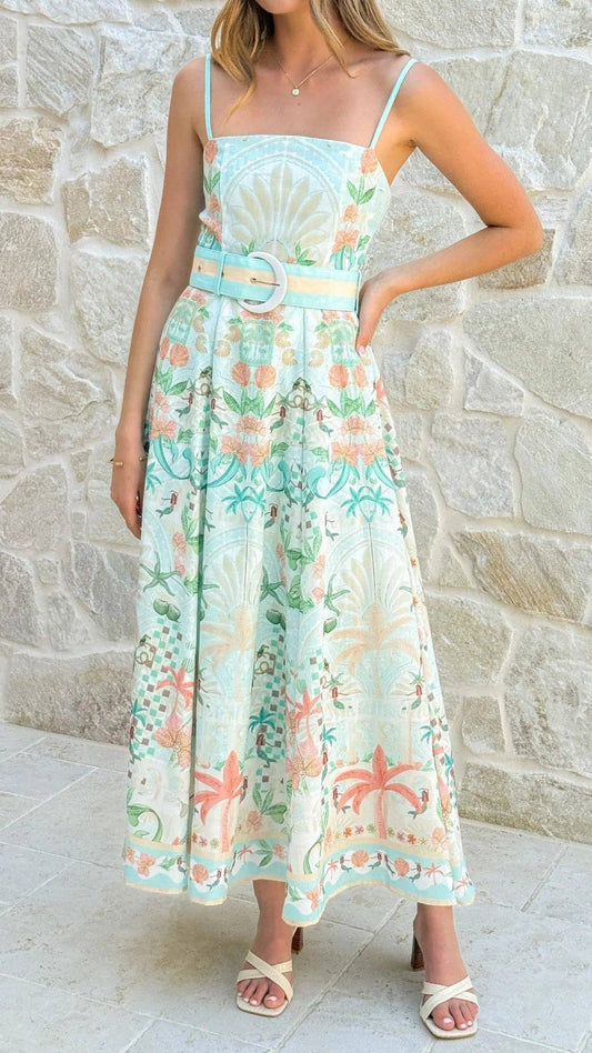 Vestido maxi de lino sin mangas con estampado floral para mujer