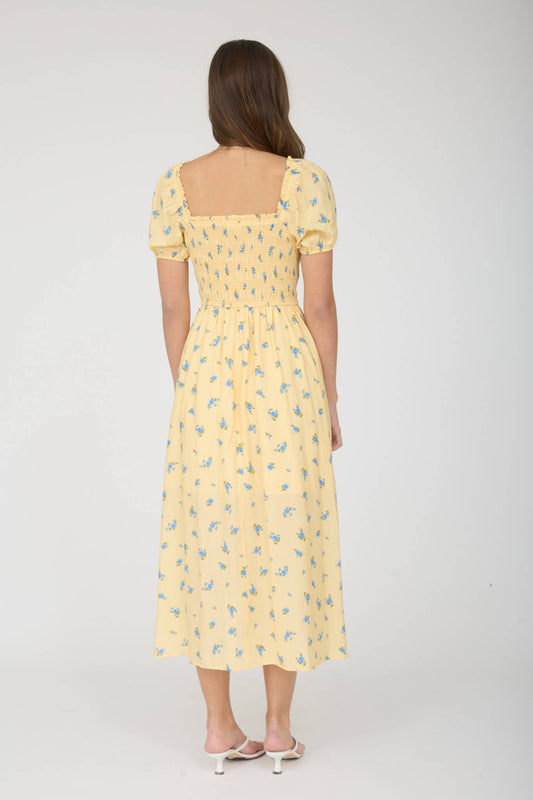 VESTIDO MIDI FLORAL CON MANGAS ABULLONADAS FRUNCIDAS