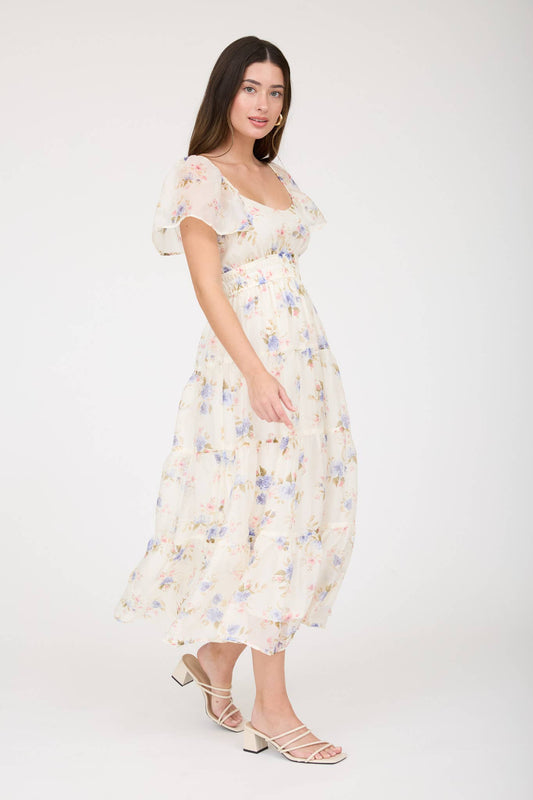 Vestido midi de gasa floral con mangas de volante y fruncido