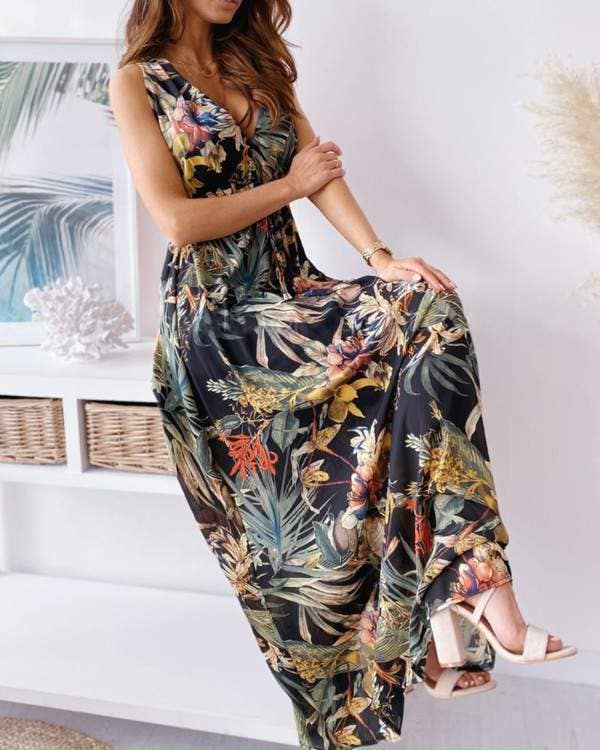 Vestido largo con cordones y cuello en v con tirantes gruesos y estampado floral