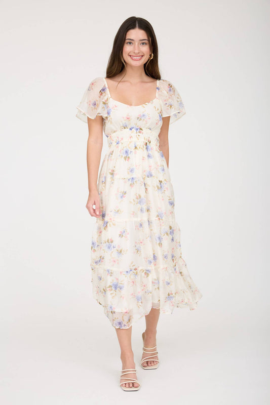 Vestido midi de gasa floral con mangas de volante y fruncido