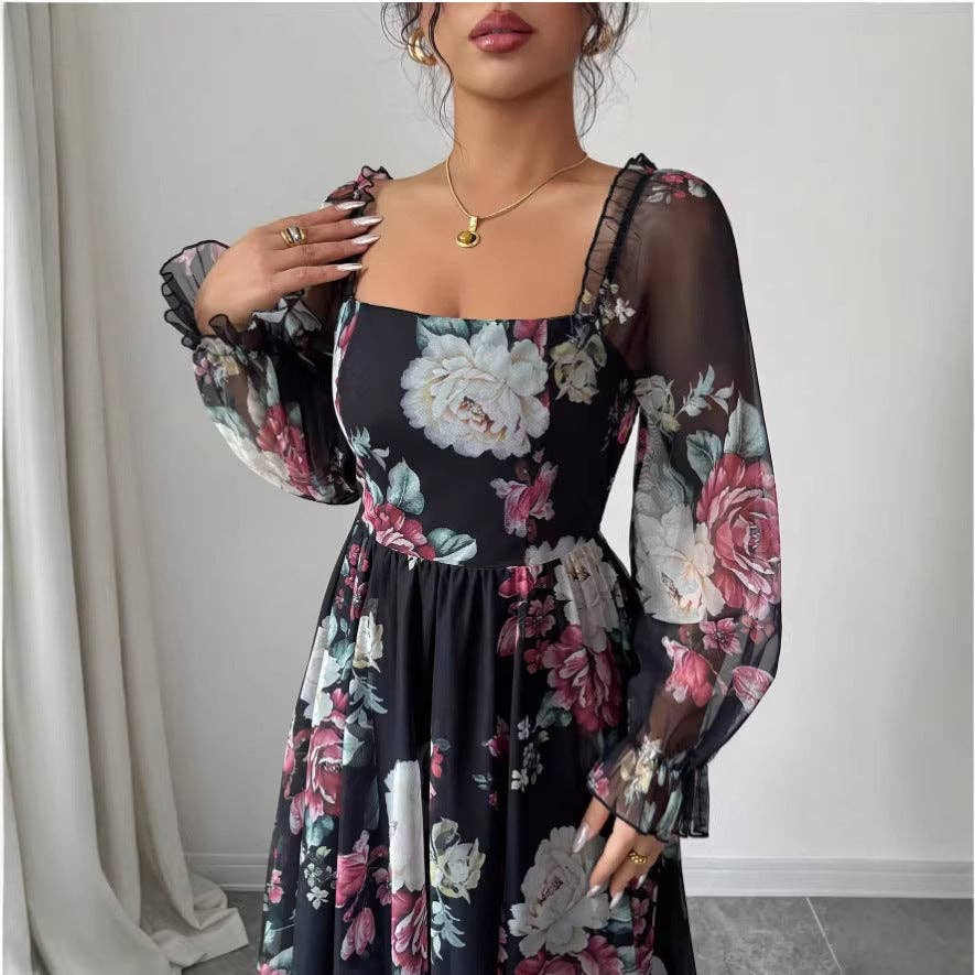 Vestido de gasa estampado elegante de verano para mujer con escote cuadrado