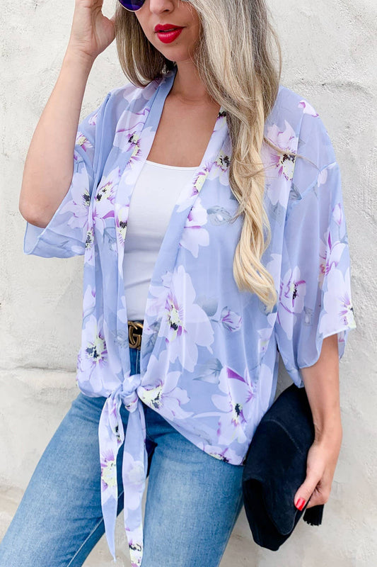 Kimono transparente de chifón gris con lazo frontal y estampado floral