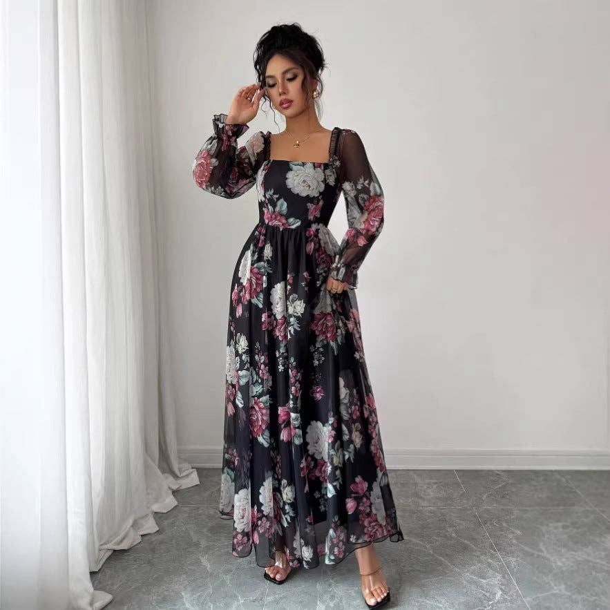 Vestido de gasa estampado elegante de verano para mujer con escote cuadrado