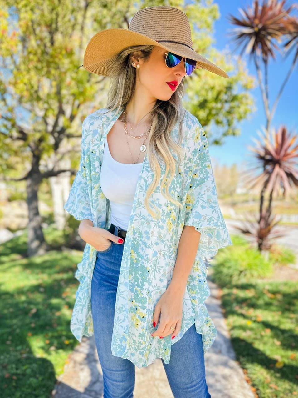 Kimono de chifón floral con volantes – Capa ligera para el verano