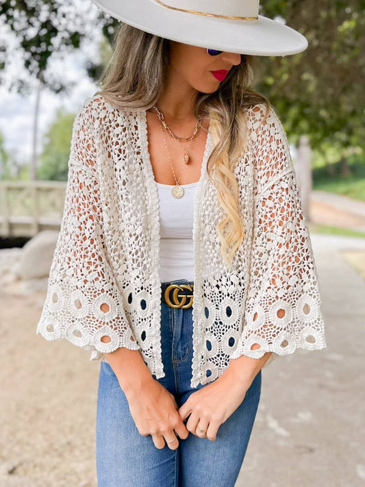 Cárdigan abierto de crochet con patrón floral boho único