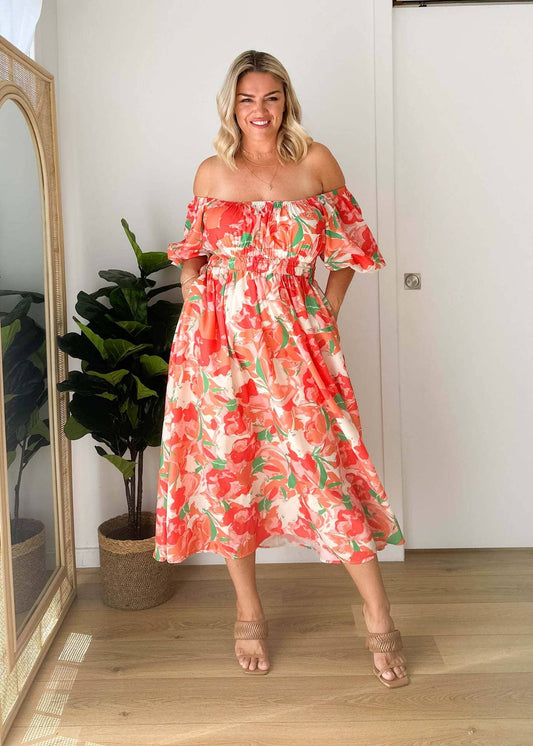 Vestido casual de verano con estampado, escote cuadrado y mangas abullonadas para mujer