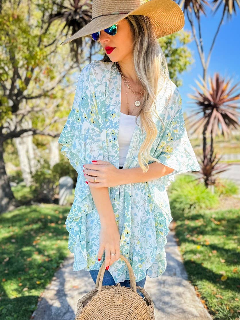 Kimono de chifón floral con volantes – Capa ligera para el verano
