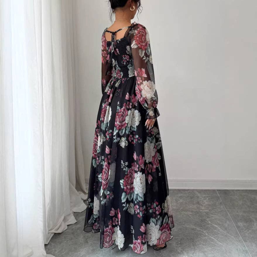 Vestido de gasa estampado elegante de verano para mujer con escote cuadrado