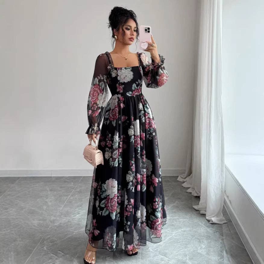 Vestido de gasa estampado elegante de verano para mujer con escote cuadrado