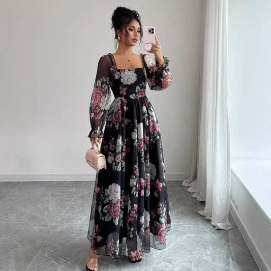 Vestido de gasa estampado elegante de verano para mujer con escote cuadrado