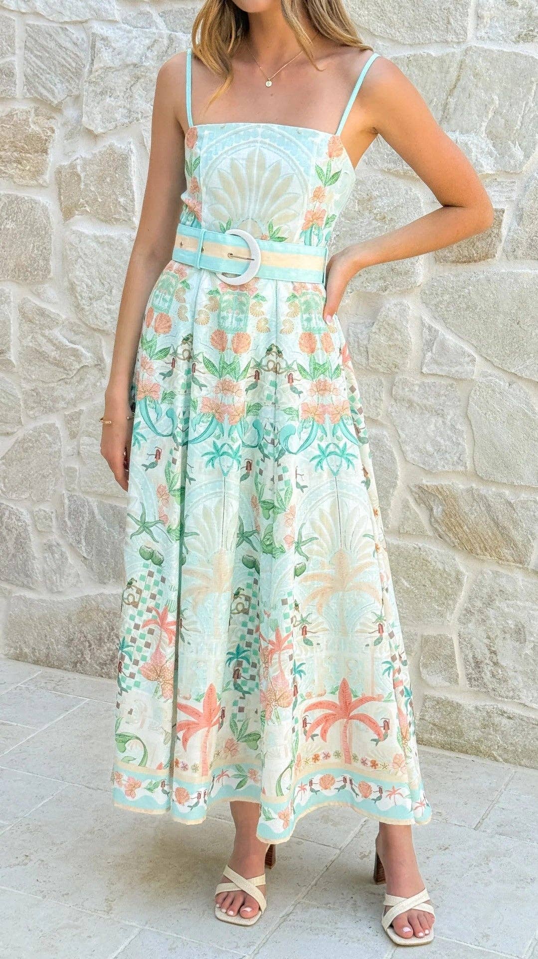 Vestido maxi de lino sin mangas con estampado floral para mujer