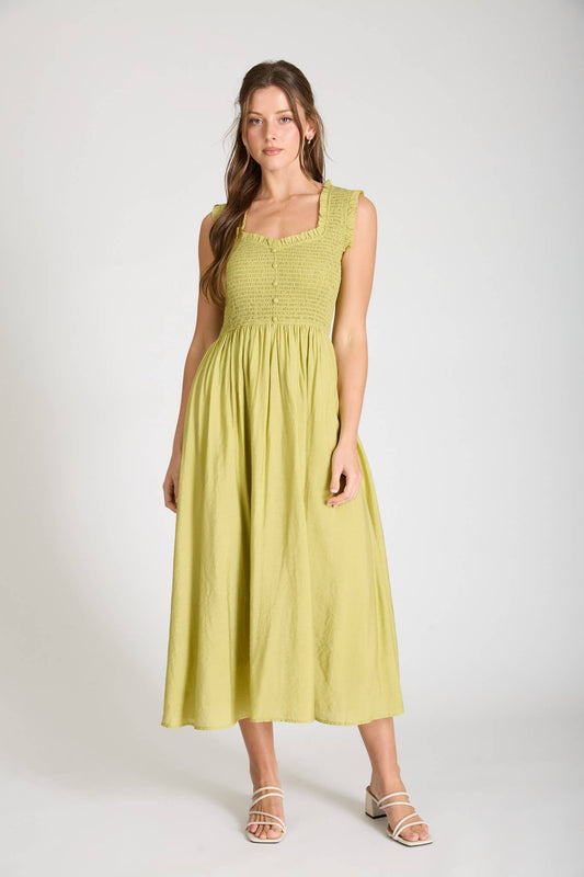 Vestido midi fruncido con escote corazón y botones falsos (PREVENTA)