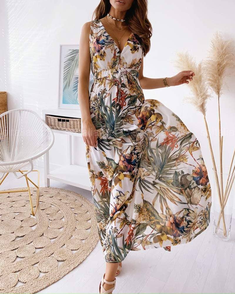 Vestido largo con cordones y cuello en v con tirantes gruesos y estampado floral