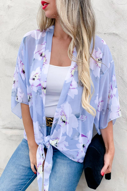 Kimono transparente de chifón gris con lazo frontal y estampado floral
