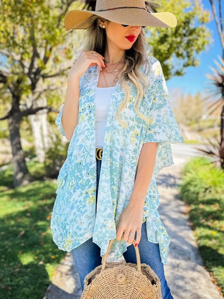 Kimono de chifón floral con volantes – Capa ligera para el verano
