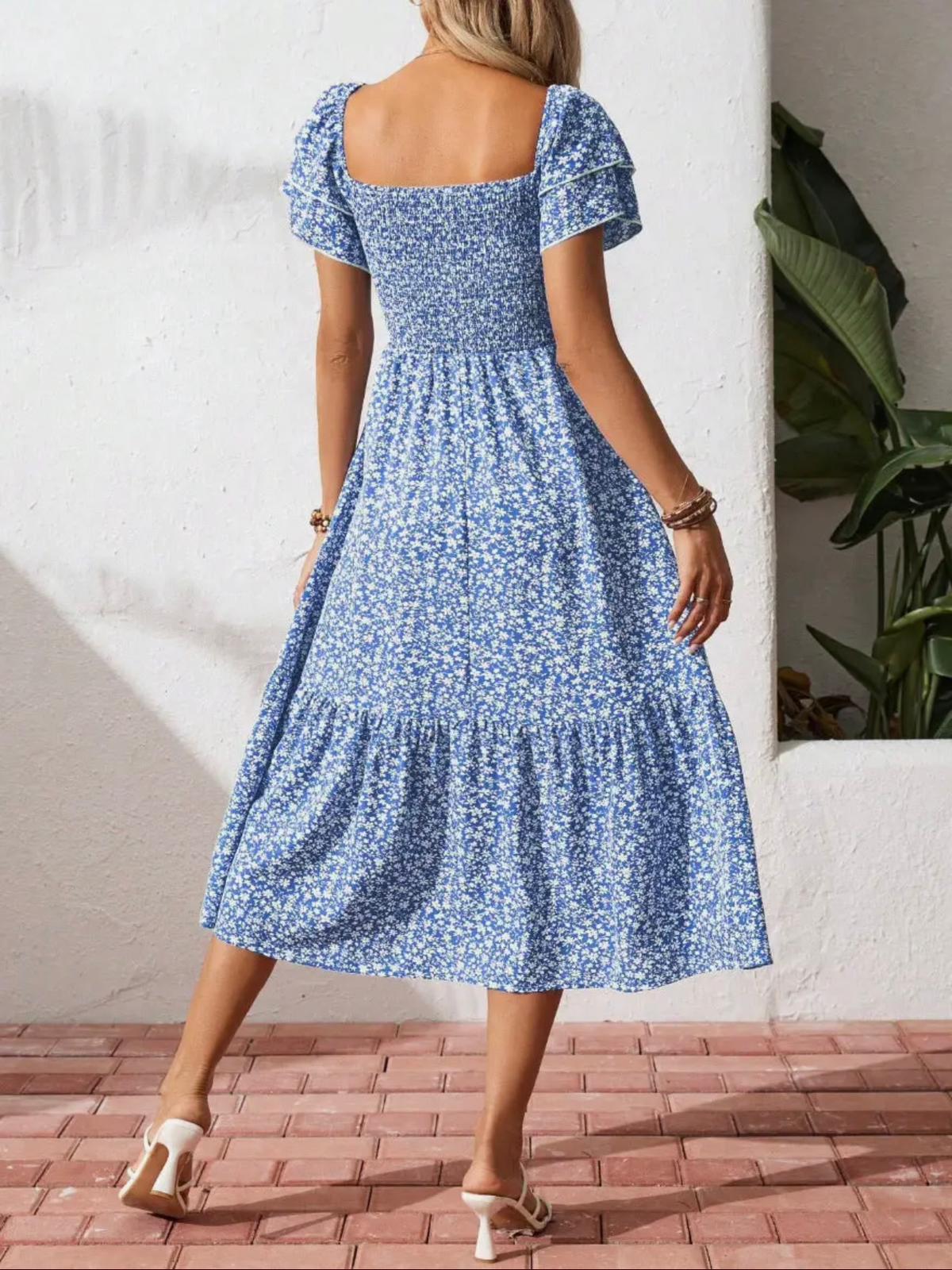 Vestido Midi Floral Con Mangas Abullonadas