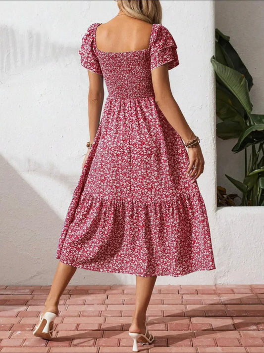 Vestido Midi Floral Con Mangas Abullonadas