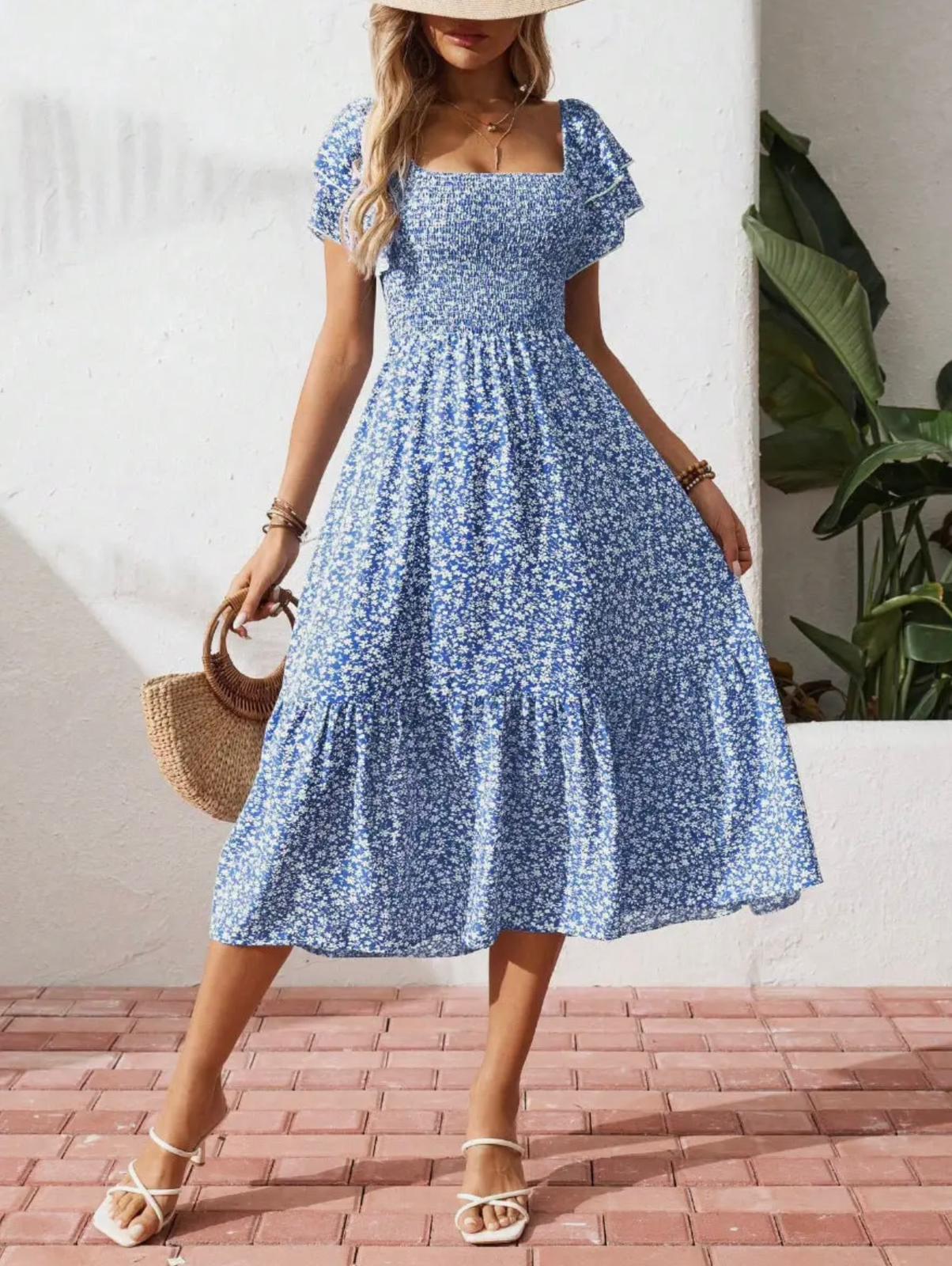 Vestido Midi Floral Con Mangas Abullonadas