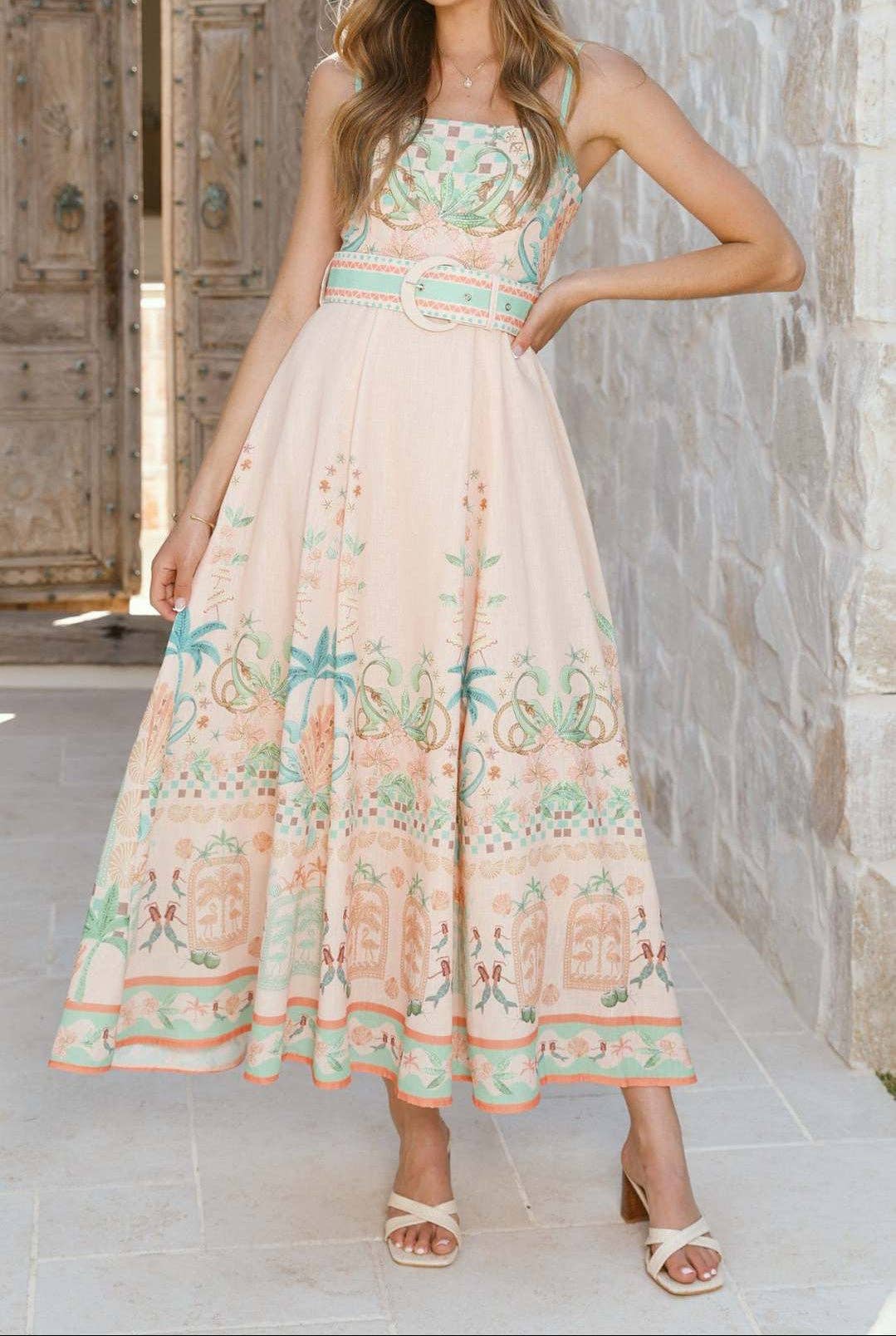 Vestido maxi de lino sin mangas con estampado floral para mujer