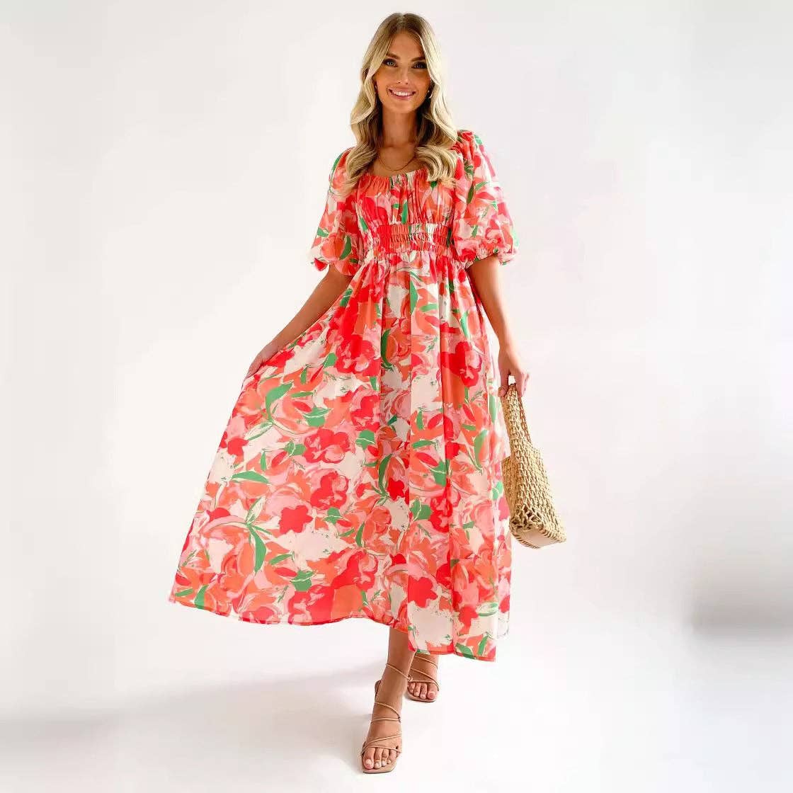 Vestido casual de verano con estampado, escote cuadrado y mangas abullonadas para mujer