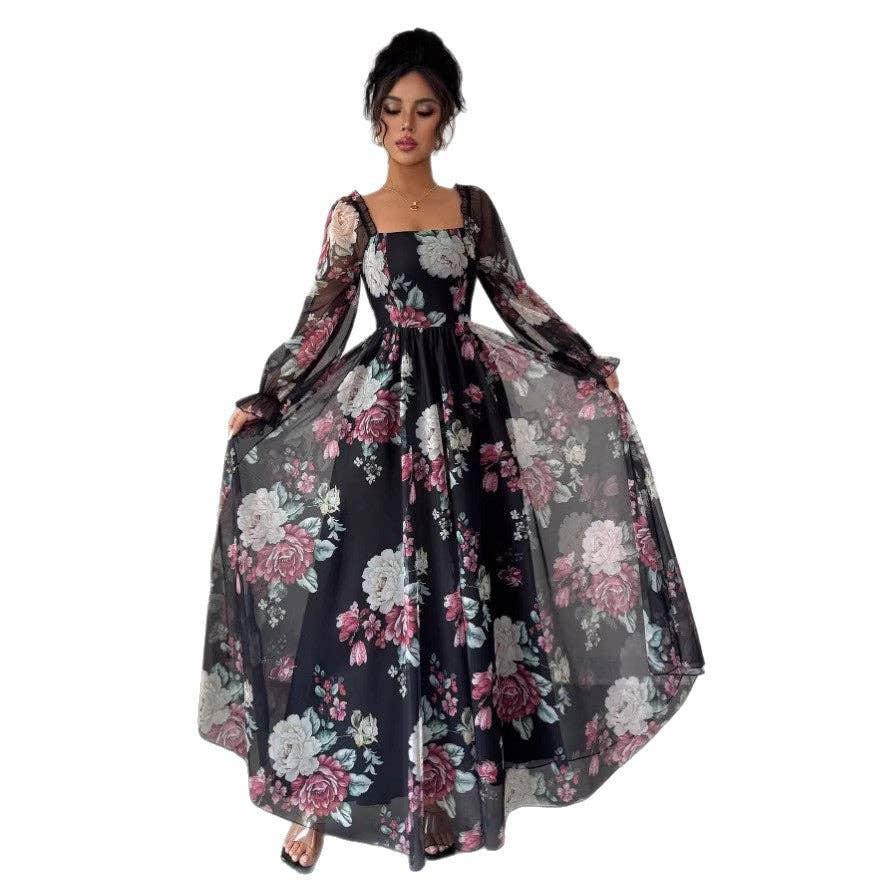 Vestido de gasa estampado elegante de verano para mujer con escote cuadrado