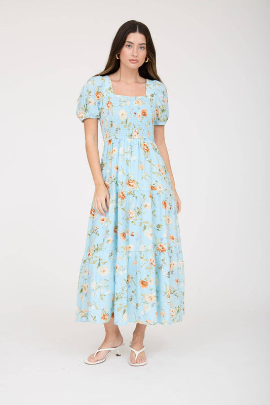 VESTIDO MIDI LÍNEA A CON MANGAS ABULLONADAS Y FRUNCIDO FLORAL