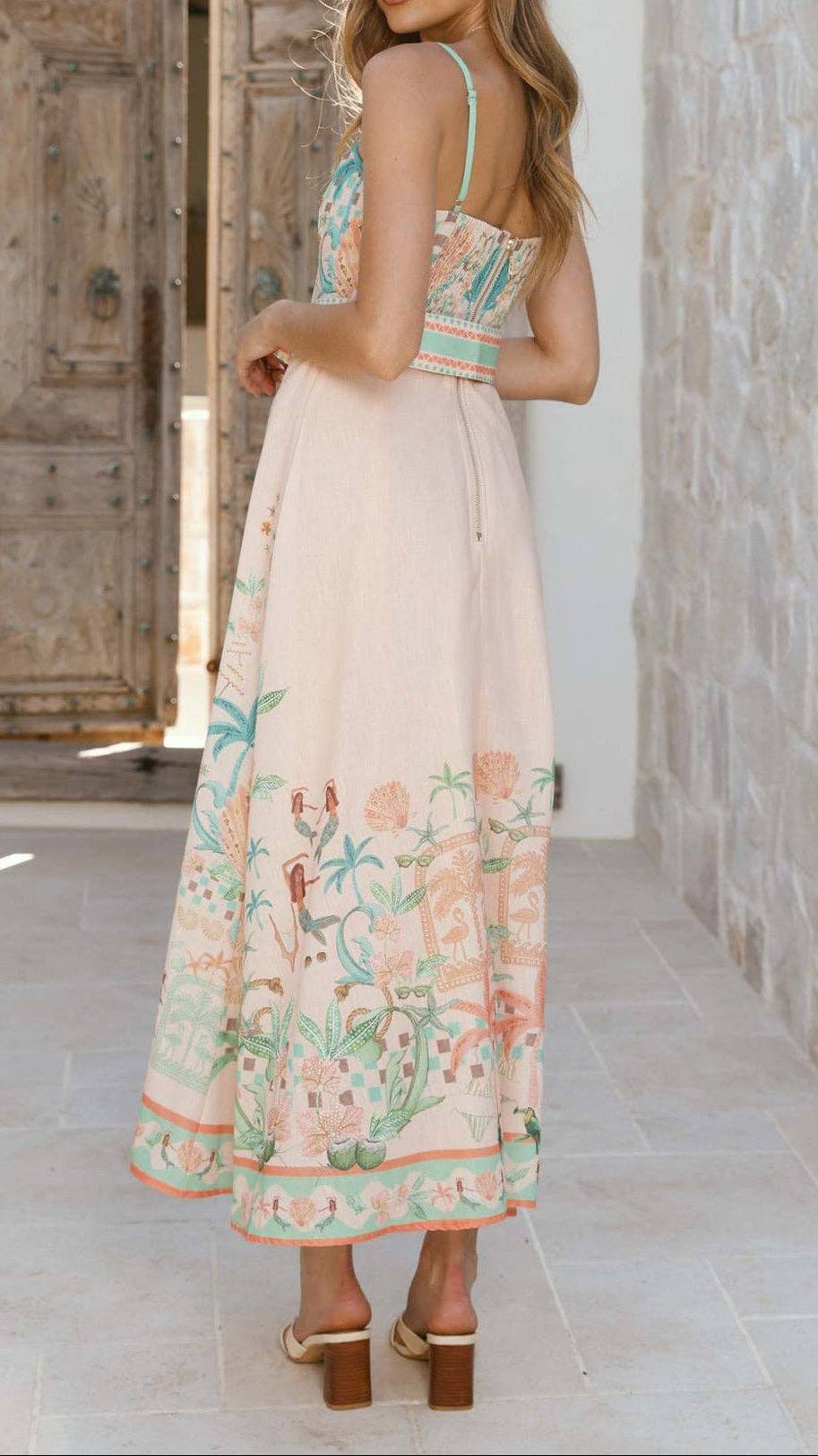 Vestido maxi de lino sin mangas con estampado floral para mujer