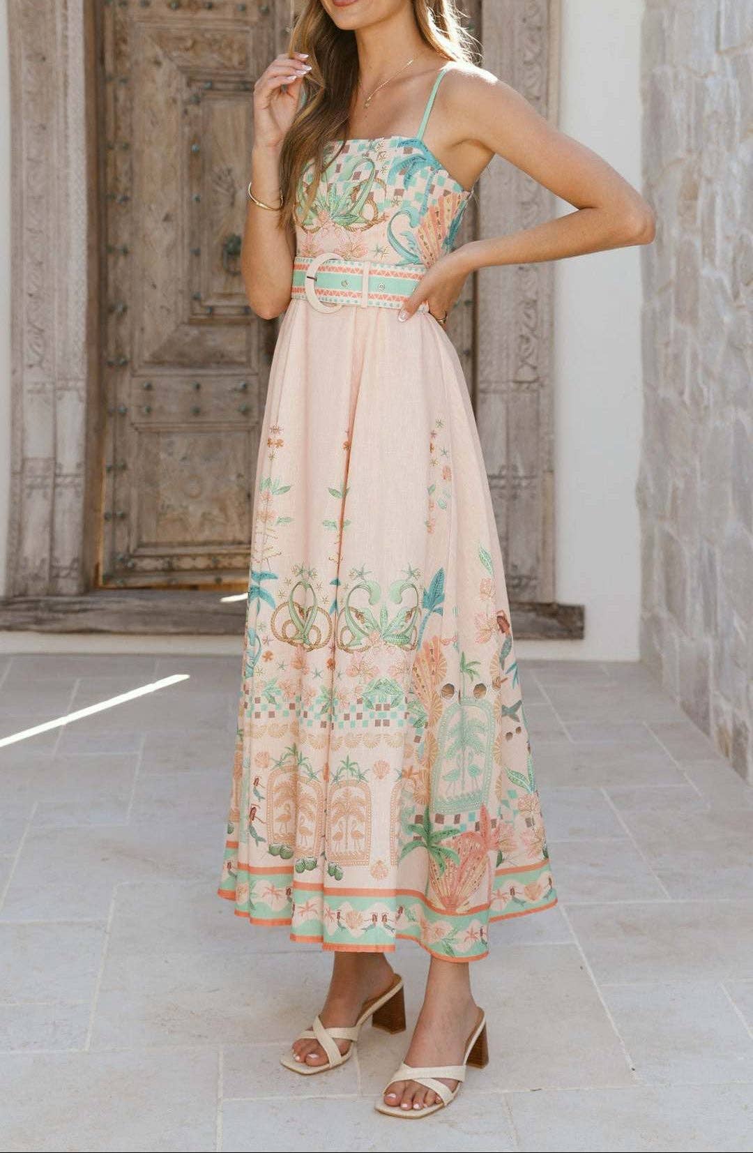 Vestido maxi de lino sin mangas con estampado floral para mujer