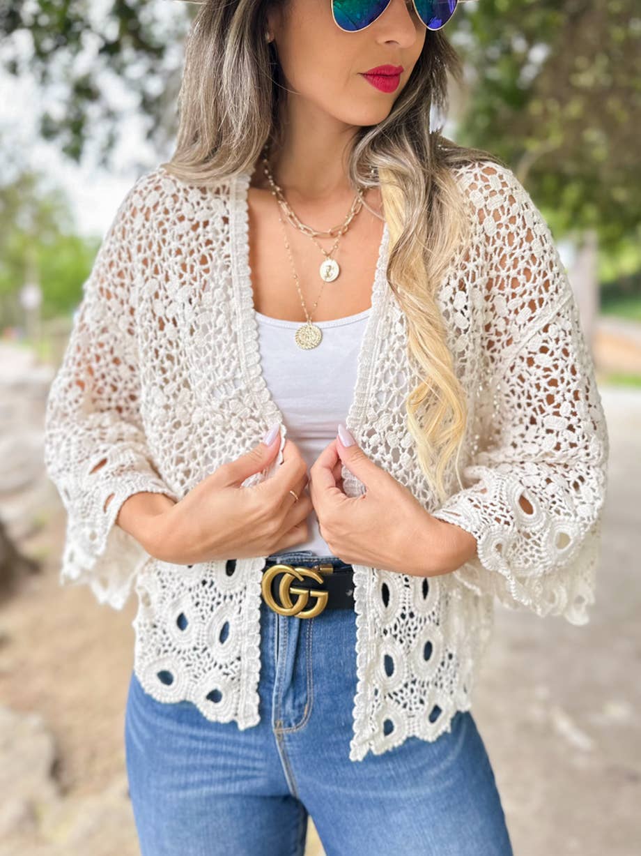 Cárdigan abierto de crochet con patrón floral boho único