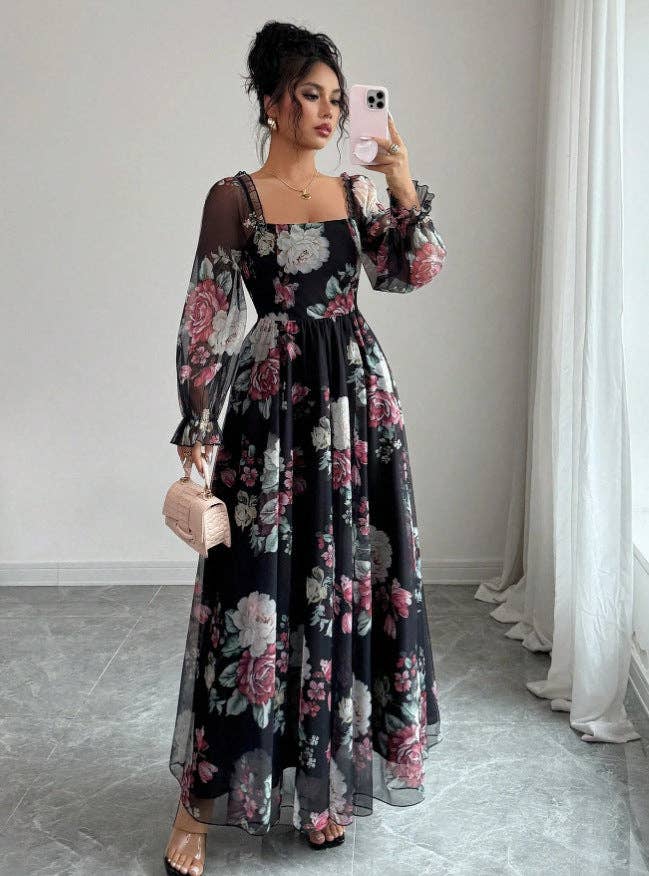 Vestido de gasa estampado elegante de verano para mujer con escote cuadrado