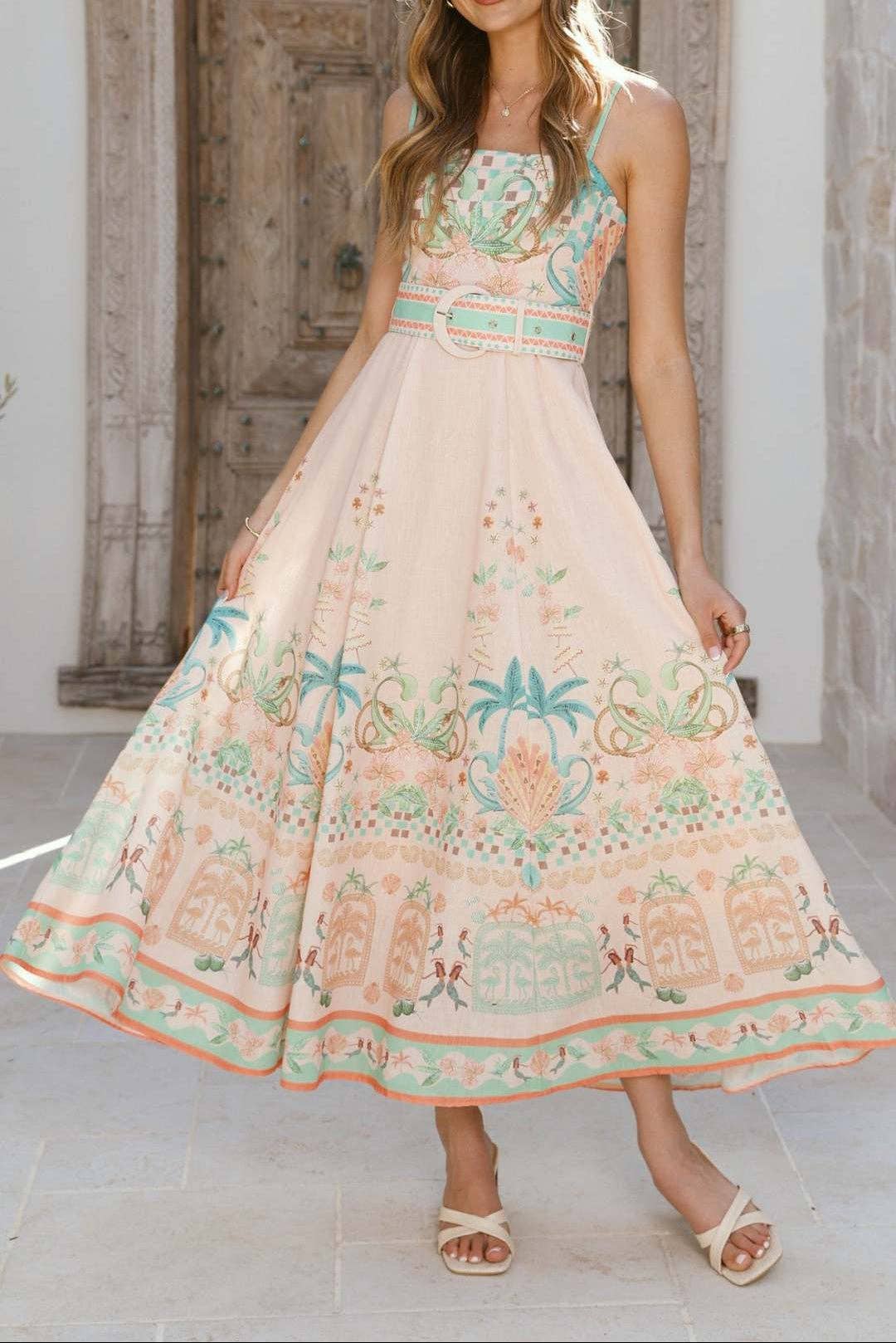Vestido maxi de lino sin mangas con estampado floral para mujer