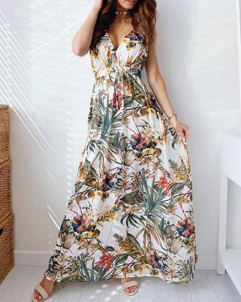 Vestido largo con cordones y cuello en v con tirantes gruesos y estampado floral