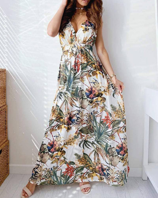 Vestido largo con cordones y cuello en v con tirantes gruesos y estampado floral