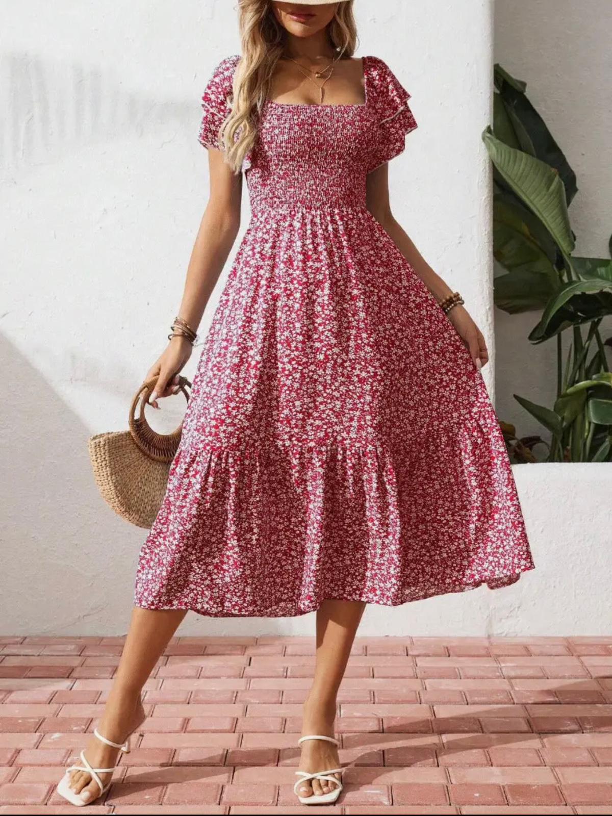 Vestido Midi Floral Con Mangas Abullonadas